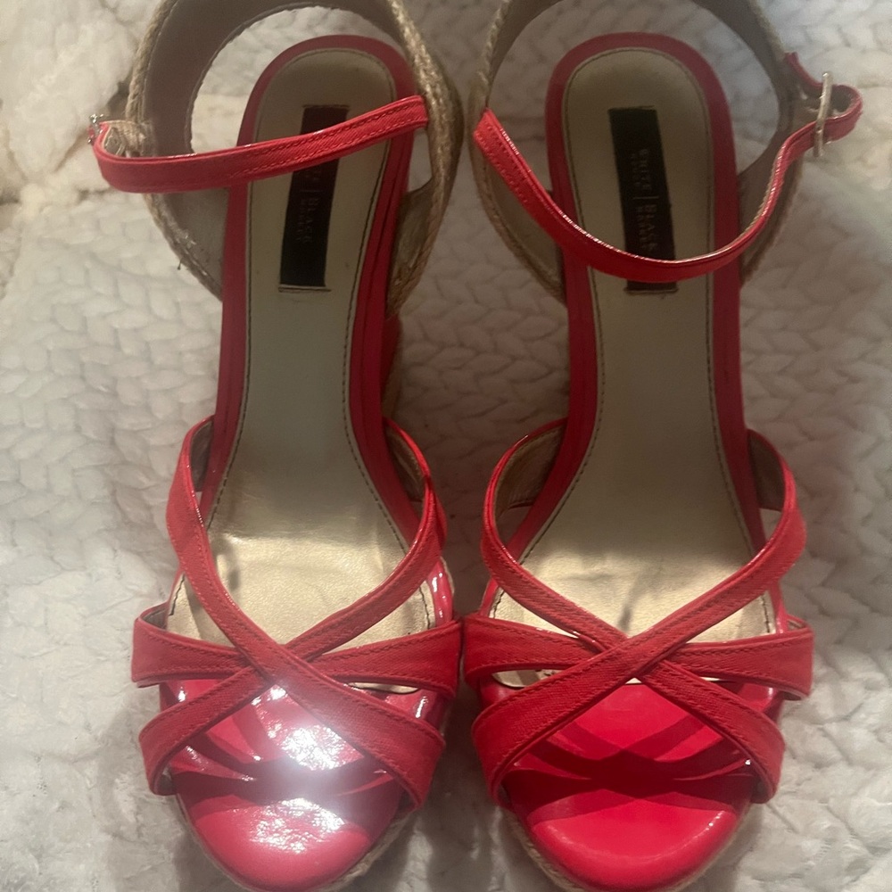 White House Black Market Vibrant Red Wedge Sandals - Picture 4 of 11